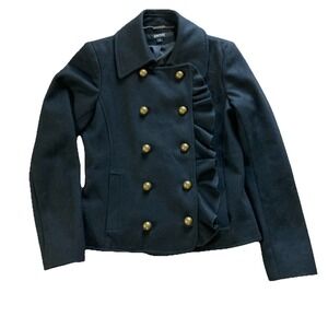 DKNY Wool Blend Pea Coat Sz 4 Black Ruffle Whimsy Goth Stadium Jacket Military